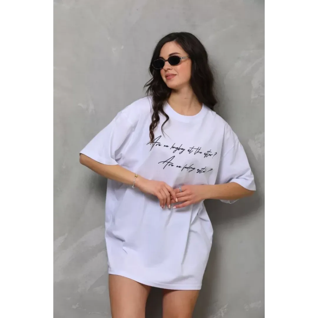 Unisex Bisiklet Yaka Baskılı Oversize T-Shirt - Beyaz - 112558 Unisex Bisiklet Yaka Baskılı Oversize T-Shirt - Beyaz - 112558
