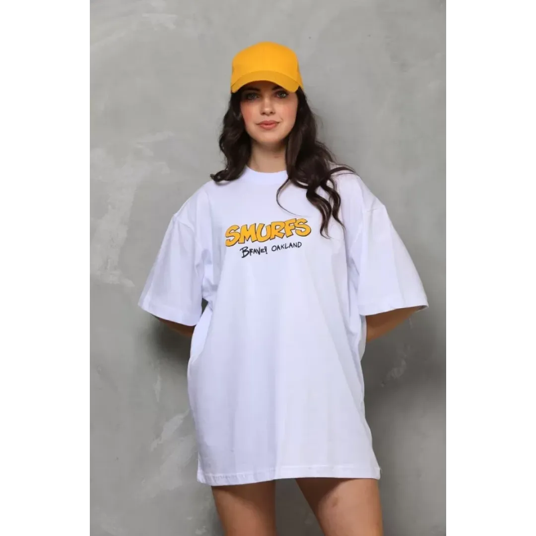 Unisex Bisiklet Yaka Baskılı Oversize T-Shirt - Beyaz - 112560 Unisex Bisiklet Yaka Baskılı Oversize T-Shirt - Beyaz - 112560