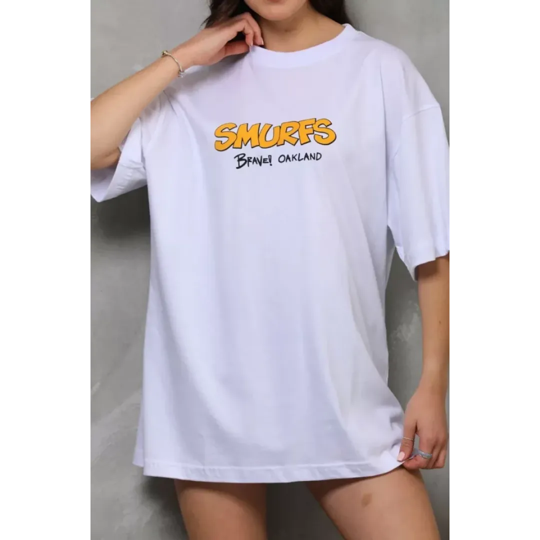 Unisex Bisiklet Yaka Baskılı Oversize T-Shirt - Beyaz - 112560 Unisex Bisiklet Yaka Baskılı Oversize T-Shirt - Beyaz - 112560