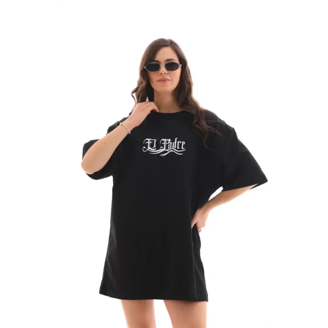 Unisex Bisiklet Yaka Baskılı Oversize T-Shirt - Siyah - 112561