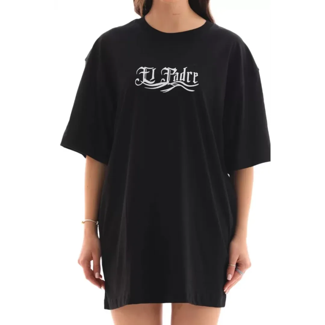 Unisex Bisiklet Yaka Baskılı Oversize T-Shirt - Siyah - 112561