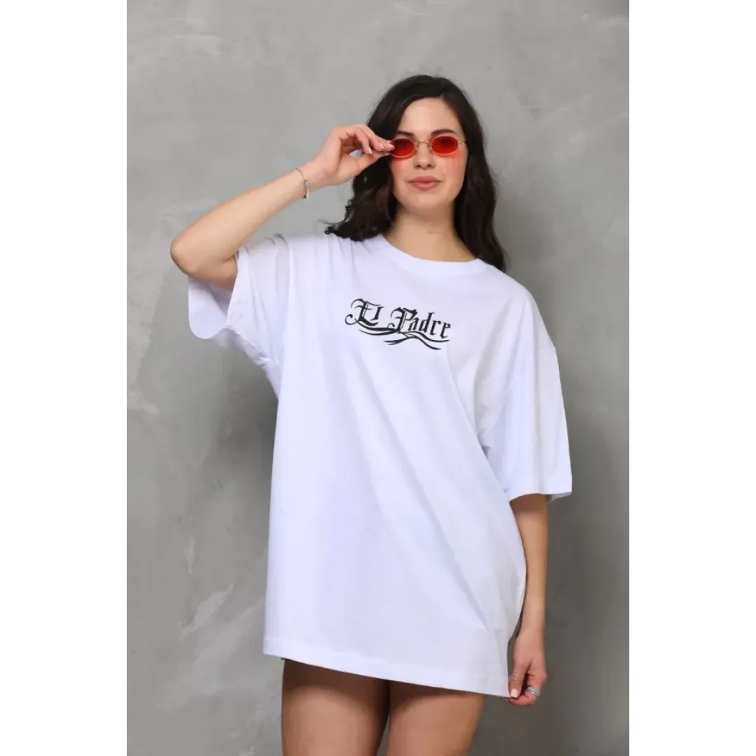Unisex Bisiklet Yaka Baskılı Oversize T-Shirt - Beyaz - 112562 Unisex Bisiklet Yaka Baskılı Oversize T-Shirt - Beyaz - 112562