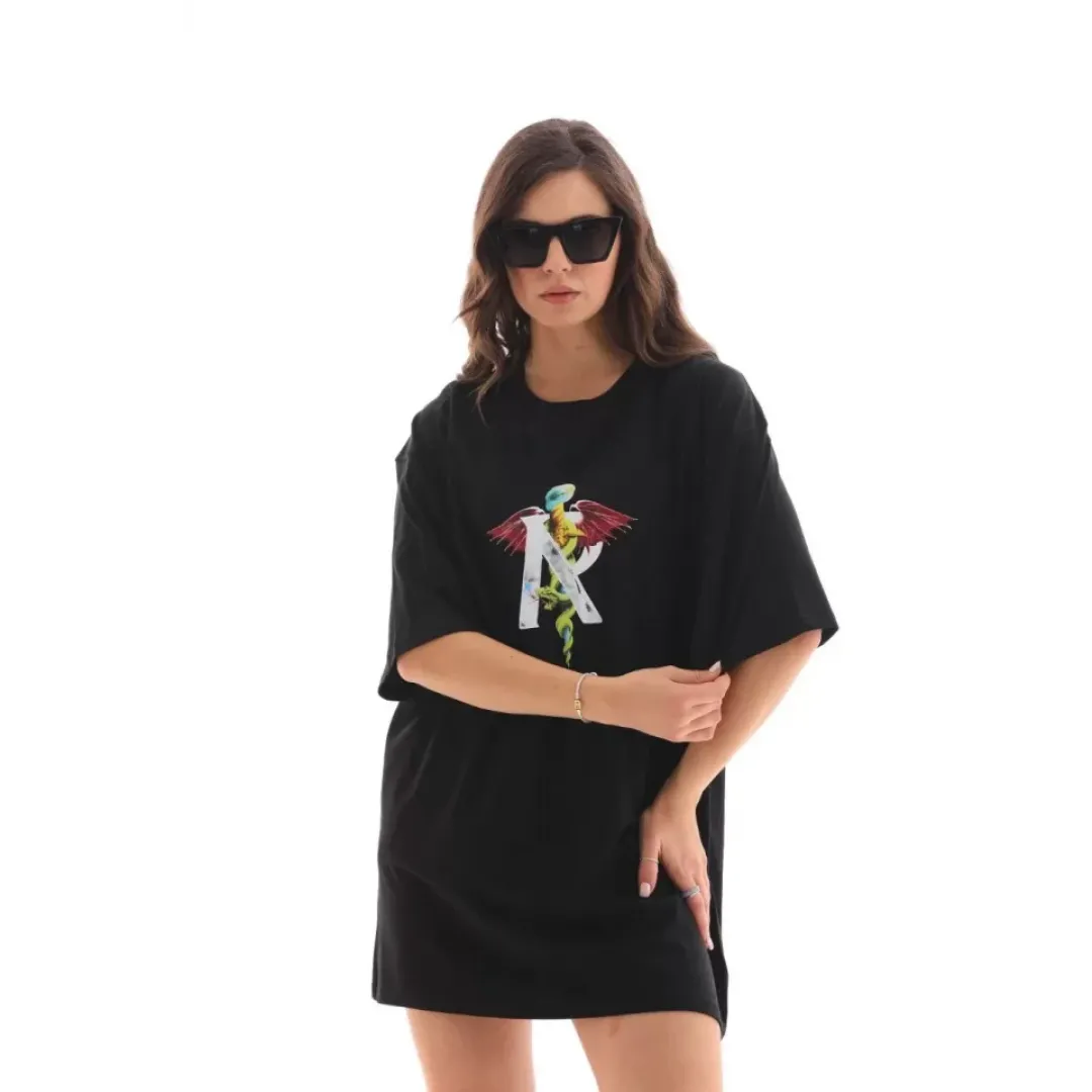 Unisex Bisiklet Yaka Baskılı Oversize T-Shirt - Siyah - 112563