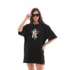 Unisex Bisiklet Yaka Baskılı Oversize T-Shirt - Siyah - 112563