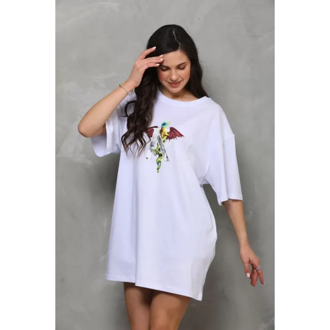 Unisex Bisiklet Yaka Baskılı Oversize T-Shirt - Beyaz - 112564 Unisex Bisiklet Yaka Baskılı Oversize T-Shirt - Beyaz - 112564