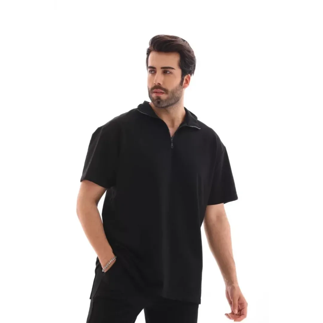 Unisex Yarım Fermuarlı Düz Oversize T-shirt - Siyah - 112868 Unisex Yarım Fermuarlı Düz Oversize T-shirt - Siyah - 112868