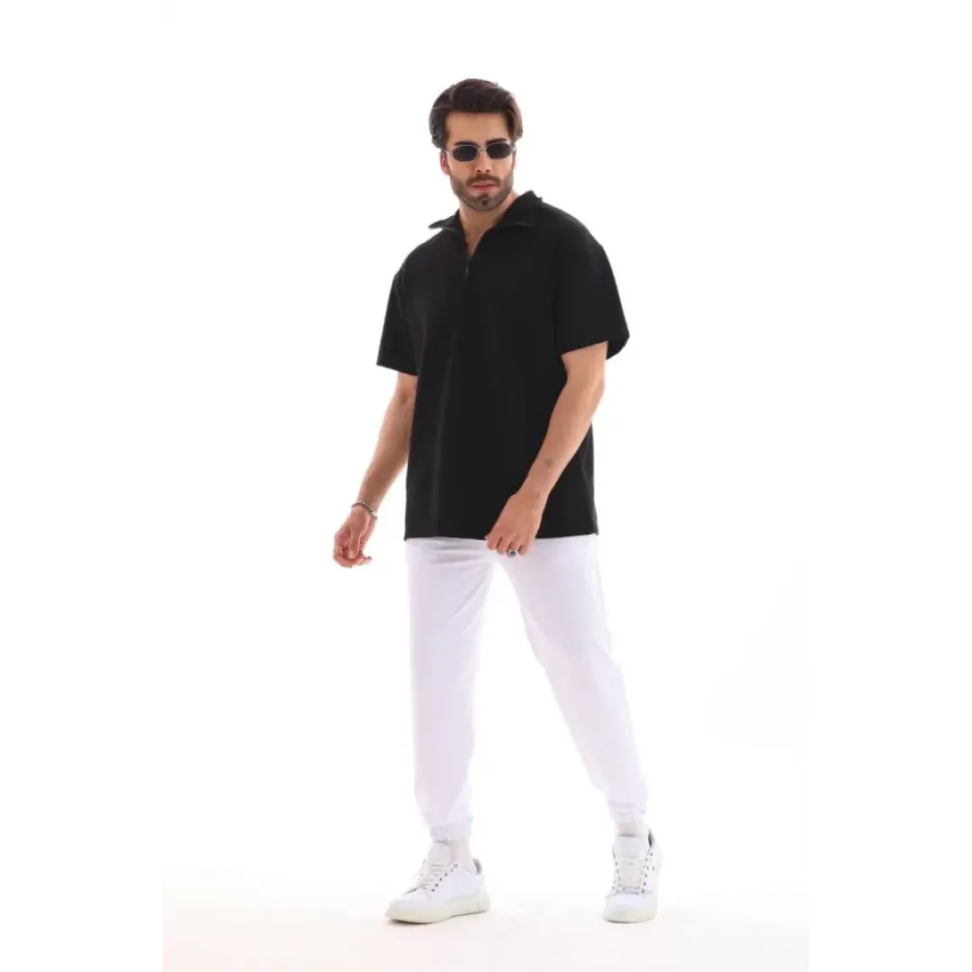 Unisex Yarım Fermuarlı Düz Oversize T-shirt - Siyah - 112868 Unisex Yarım Fermuarlı Düz Oversize T-shirt - Siyah - 112868