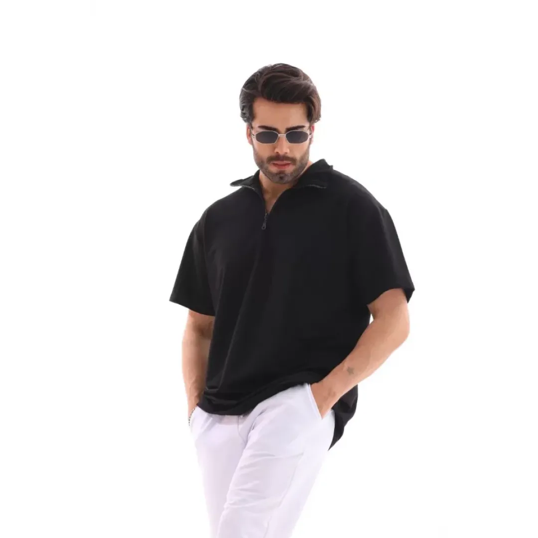 Unisex Yarım Fermuarlı Düz Oversize T-shirt - Siyah - 112868 Unisex Yarım Fermuarlı Düz Oversize T-shirt - Siyah - 112868