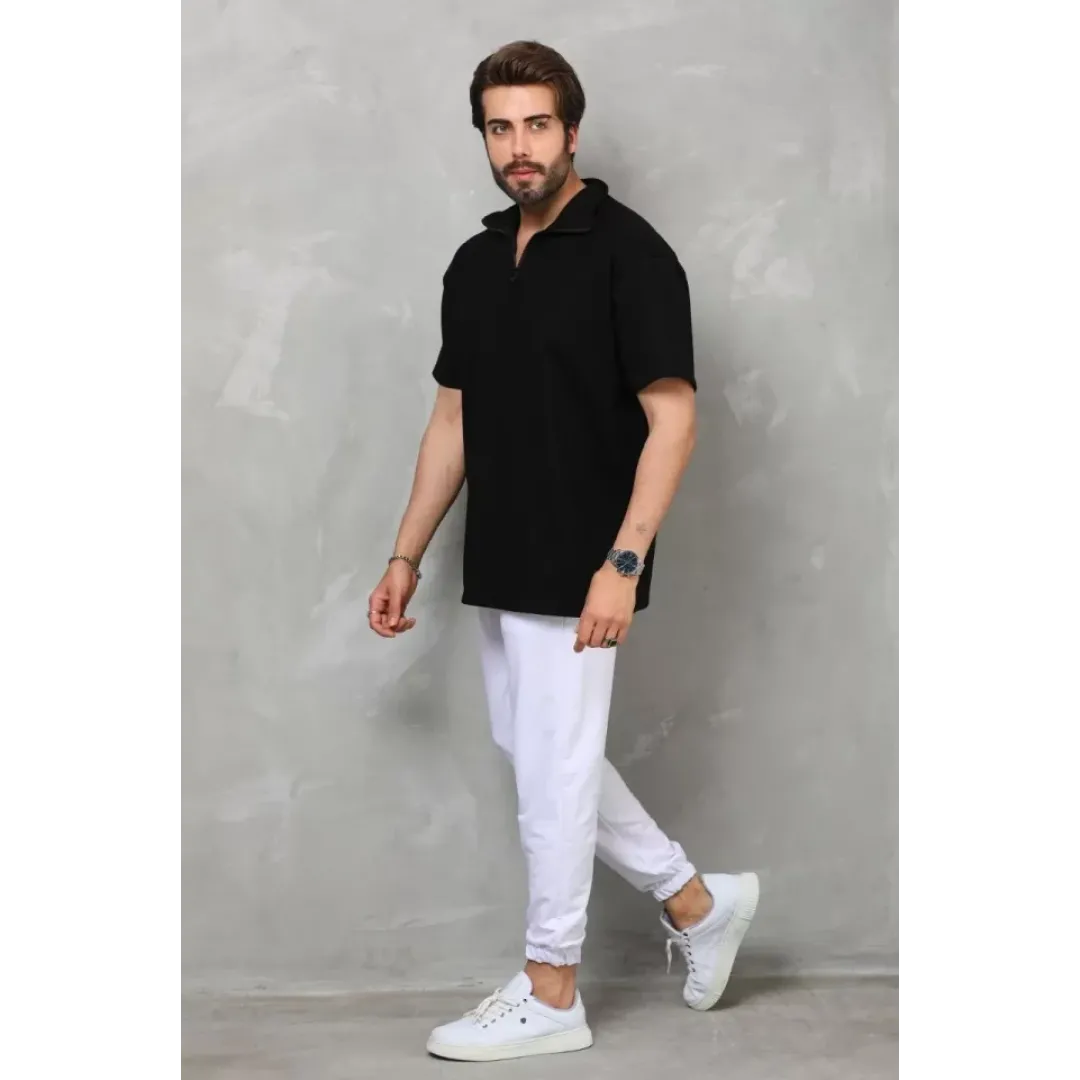 Unisex Yarım Fermuarlı Düz Oversize T-shirt - Siyah - 112868 Unisex Yarım Fermuarlı Düz Oversize T-shirt - Siyah - 112868