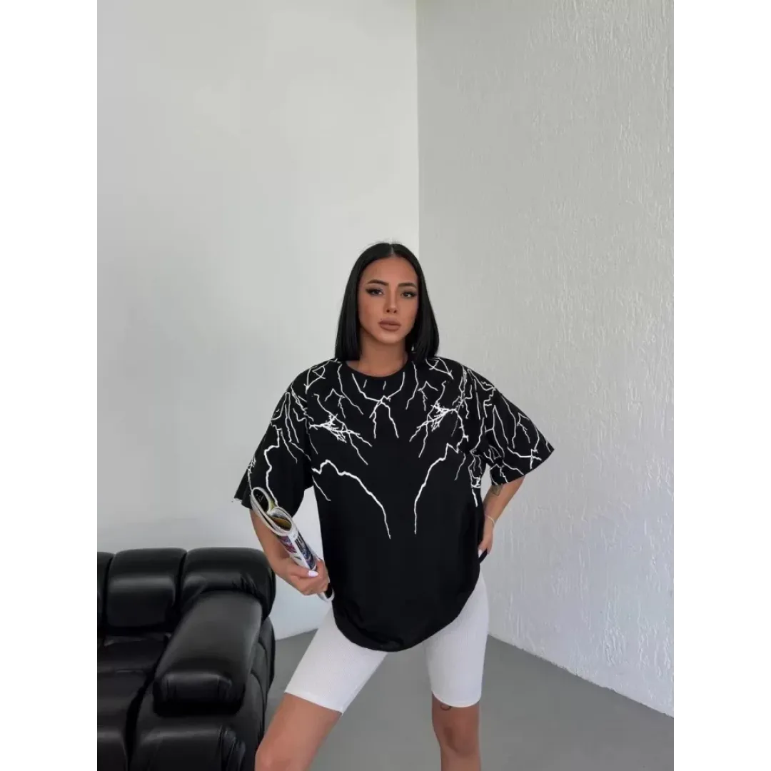 Unisex Bisiklet Yaka Baskılı Oversize T-Shirt - Siyah - 117945 Unisex Bisiklet Yaka Baskılı Oversize T-Shirt - Siyah - 117945