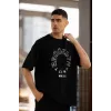 Unisex Bisiklet Yaka Baskılı Oversize T-Shirt - Siyah - 117952