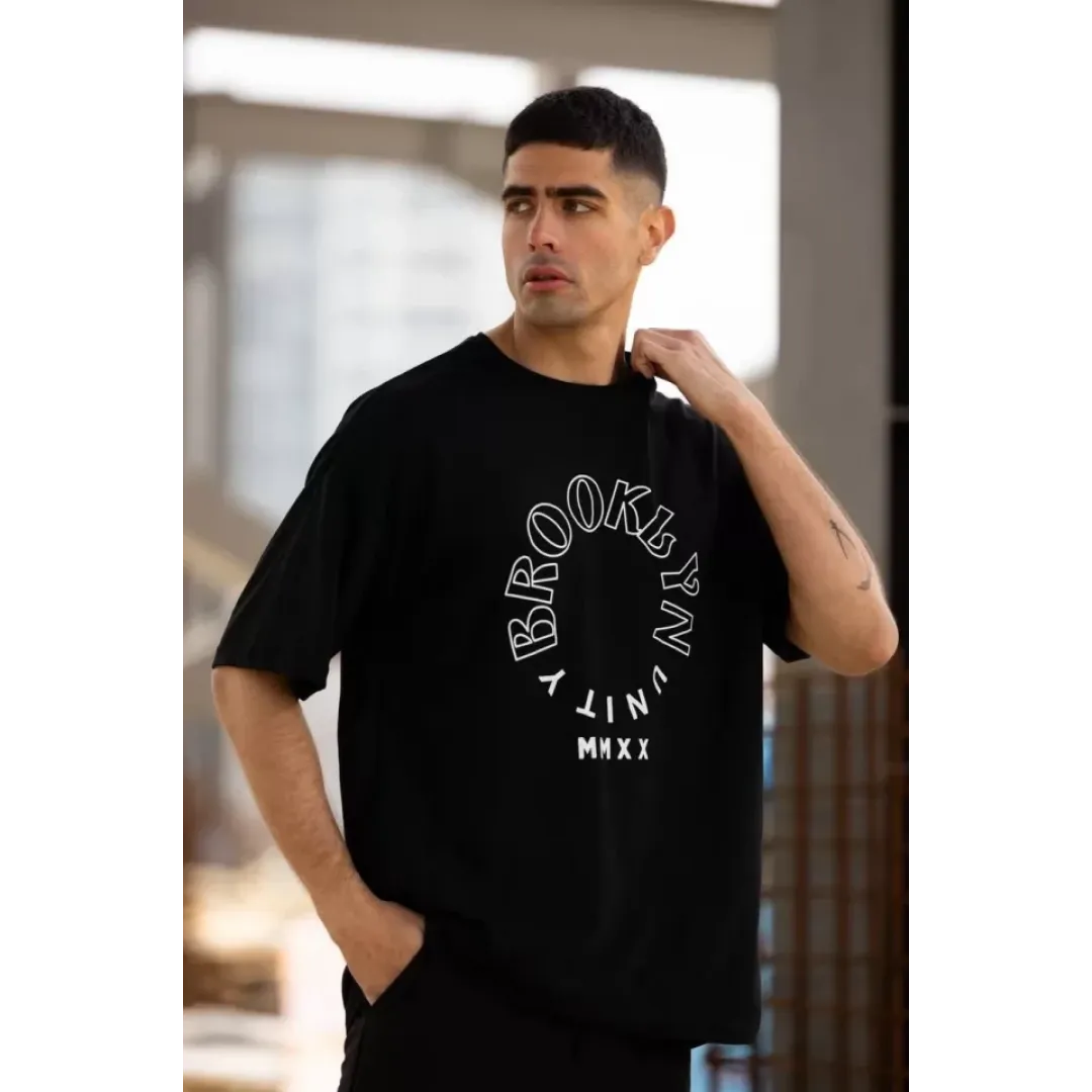 Unisex Bisiklet Yaka Baskılı Oversize T-Shirt - Siyah - 117952