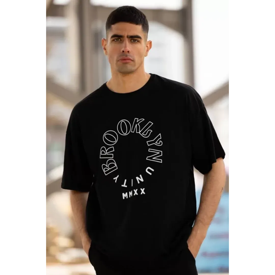 Unisex Bisiklet Yaka Baskılı Oversize T-Shirt - Siyah - 117952