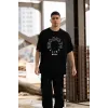 Unisex Bisiklet Yaka Baskılı Oversize T-Shirt - Siyah - 117952