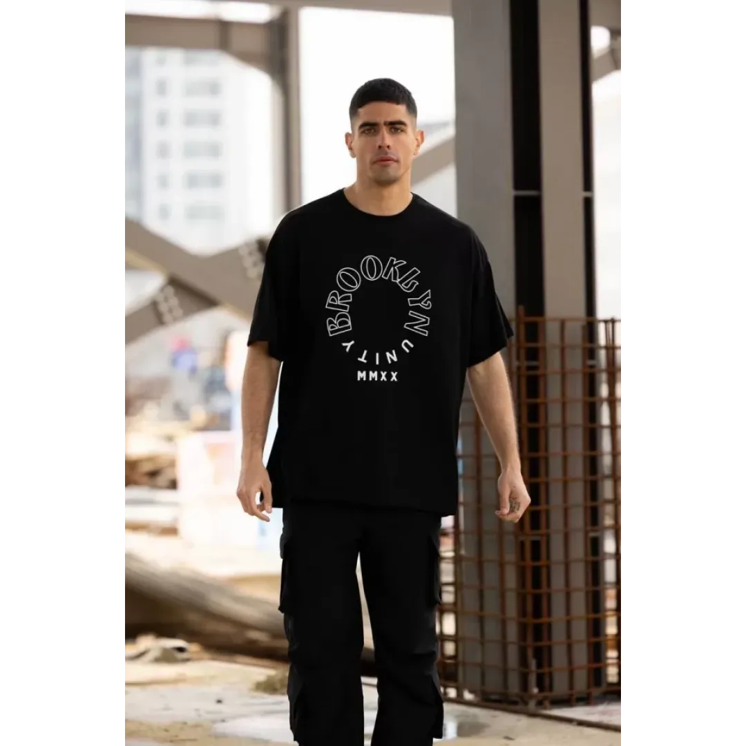 Unisex Bisiklet Yaka Baskılı Oversize T-Shirt - Siyah - 117952