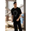 Unisex Bisiklet Yaka Baskılı Oversize T-Shirt - Siyah - 117952