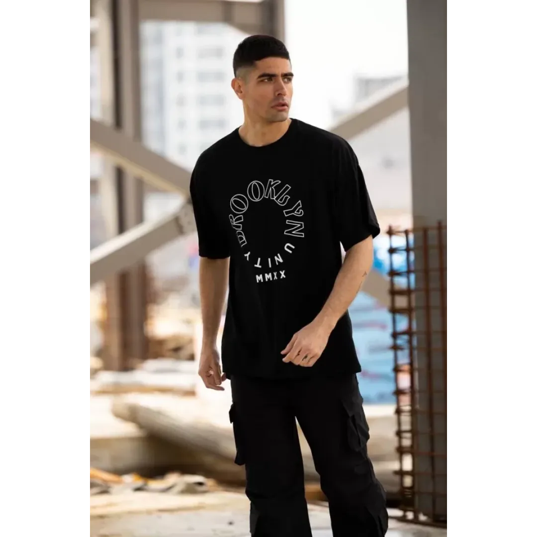 Unisex Bisiklet Yaka Baskılı Oversize T-Shirt - Siyah - 117952