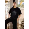 Unisex Bisiklet Yaka Baskılı Oversize T-Shirt - Siyah - 117953