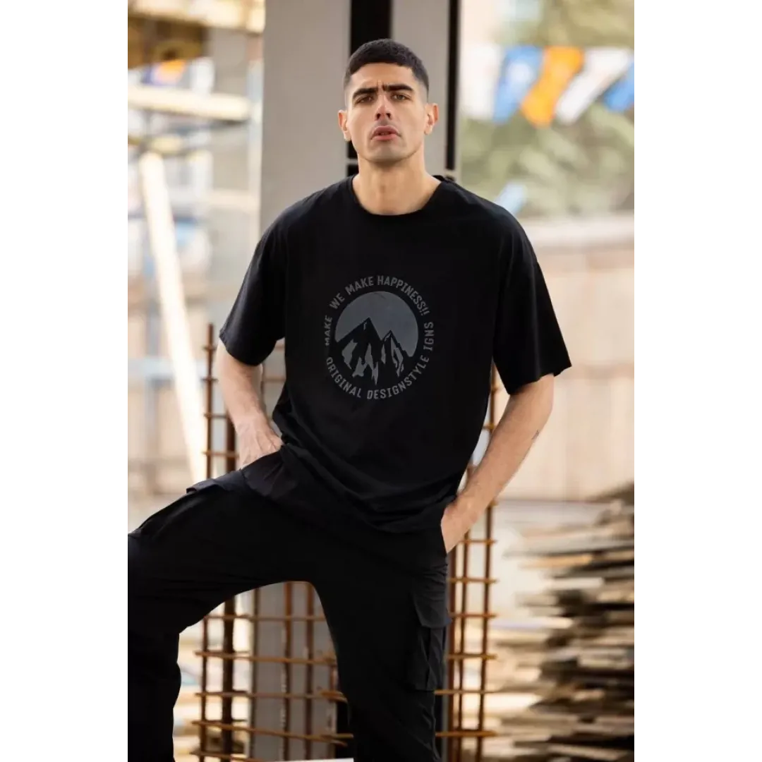 Unisex Bisiklet Yaka Baskılı Oversize T-Shirt - Siyah - 117953