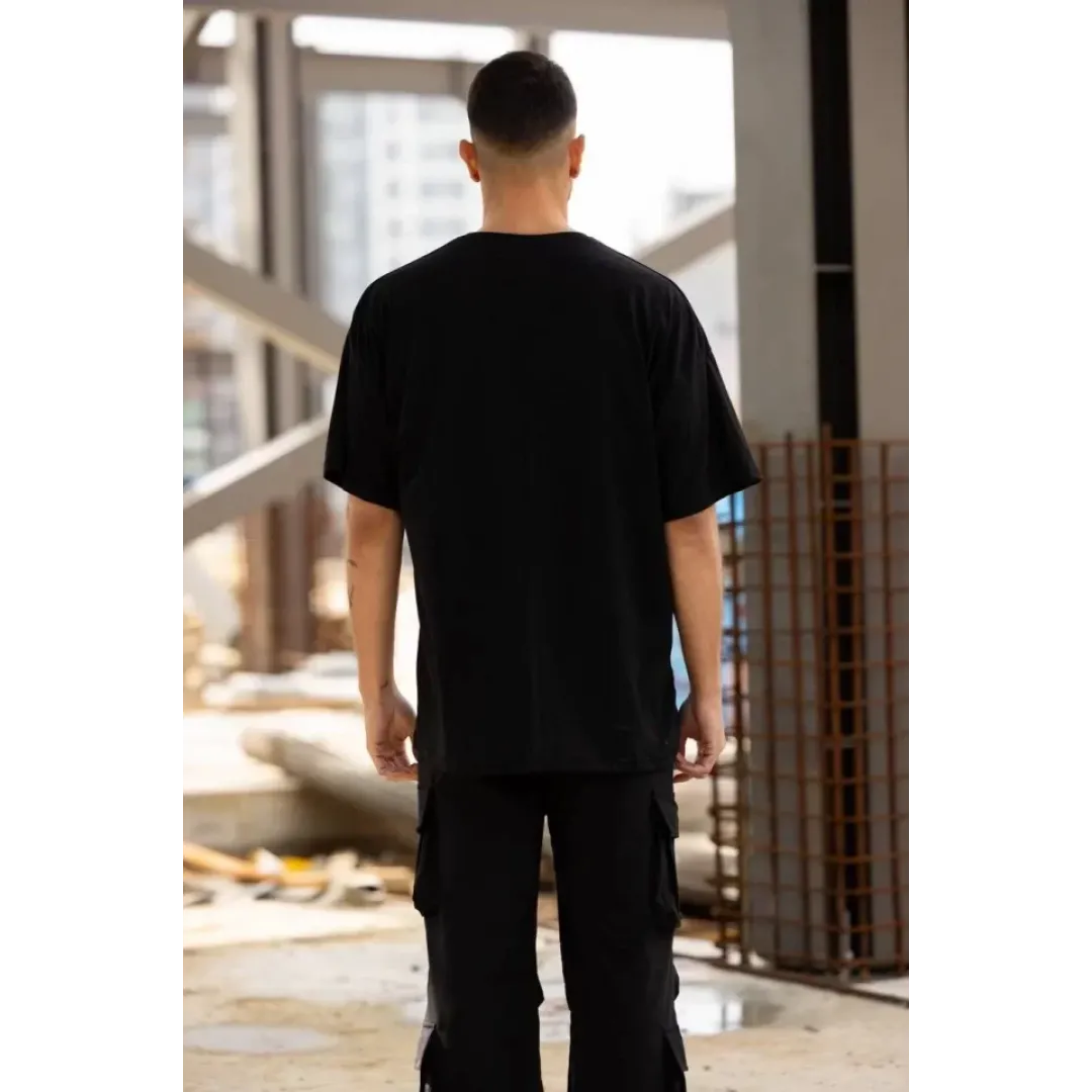 Unisex Bisiklet Yaka Baskılı Oversize T-Shirt - Siyah - 117953