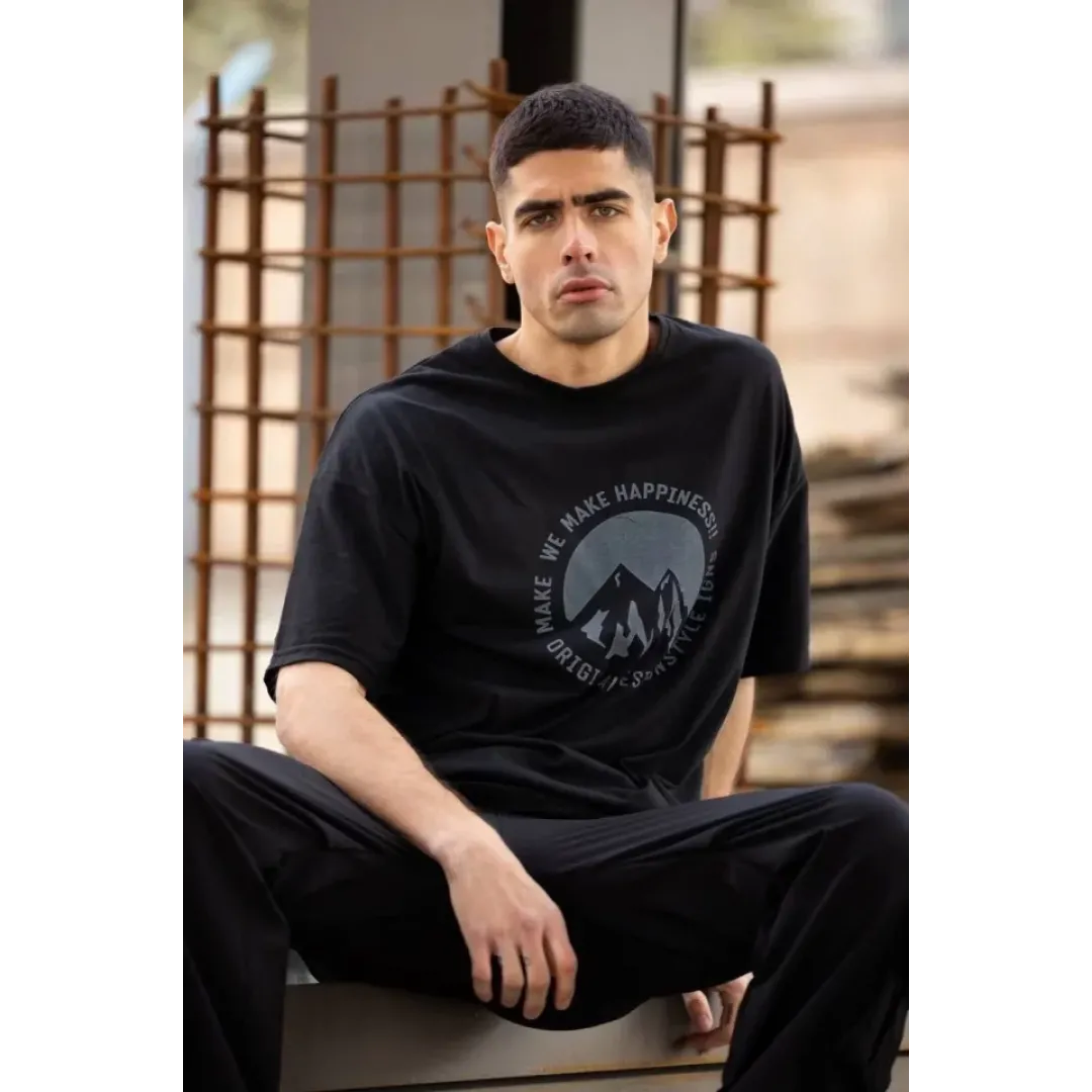 Unisex Bisiklet Yaka Baskılı Oversize T-Shirt - Siyah - 117953
