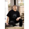Unisex Bisiklet Yaka Baskılı Oversize T-Shirt - Siyah - 117953