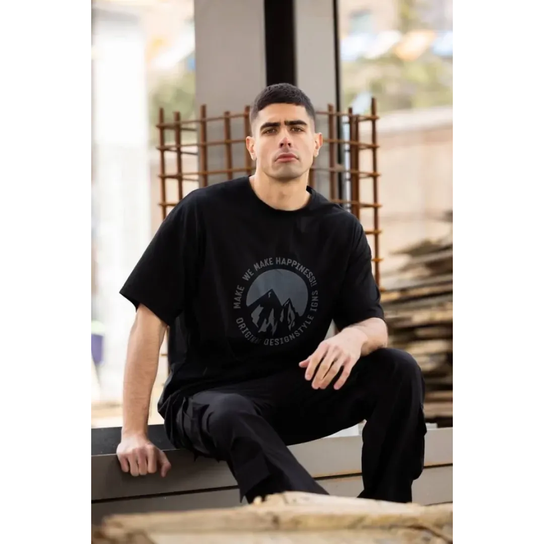 Unisex Bisiklet Yaka Baskılı Oversize T-Shirt - Siyah - 117953