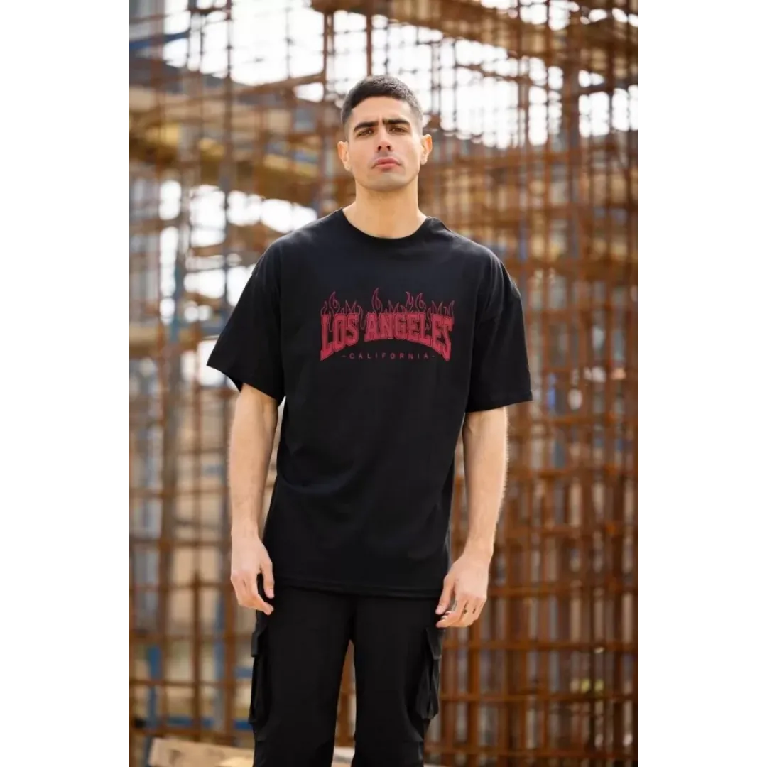 Unisex Bisiklet Yaka Baskılı Oversize T-Shirt - Siyah - 117954 Unisex Bisiklet Yaka Baskılı Oversize T-Shirt - Siyah - 117954