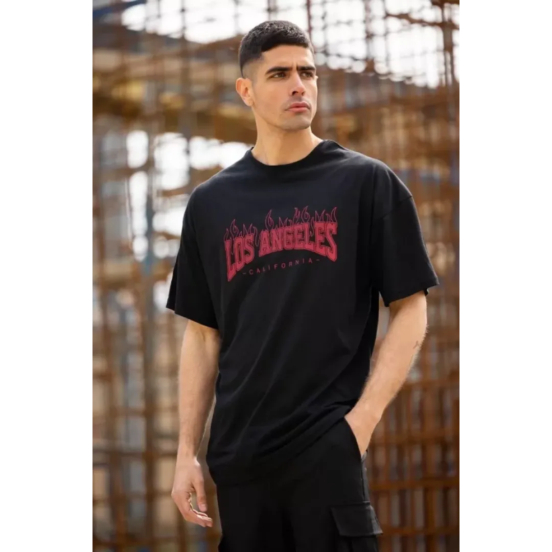 Unisex Bisiklet Yaka Baskılı Oversize T-Shirt - Siyah - 117954 Unisex Bisiklet Yaka Baskılı Oversize T-Shirt - Siyah - 117954