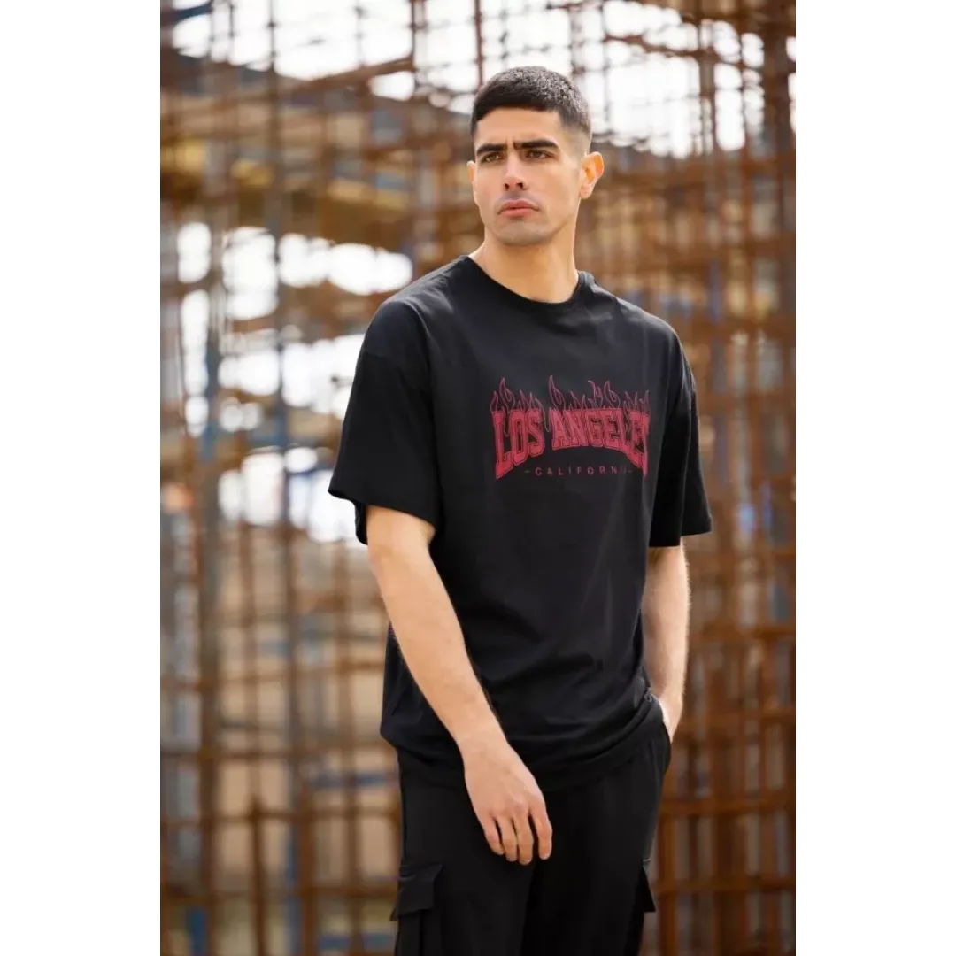 Unisex Bisiklet Yaka Baskılı Oversize T-Shirt - Siyah - 117954 Unisex Bisiklet Yaka Baskılı Oversize T-Shirt - Siyah - 117954