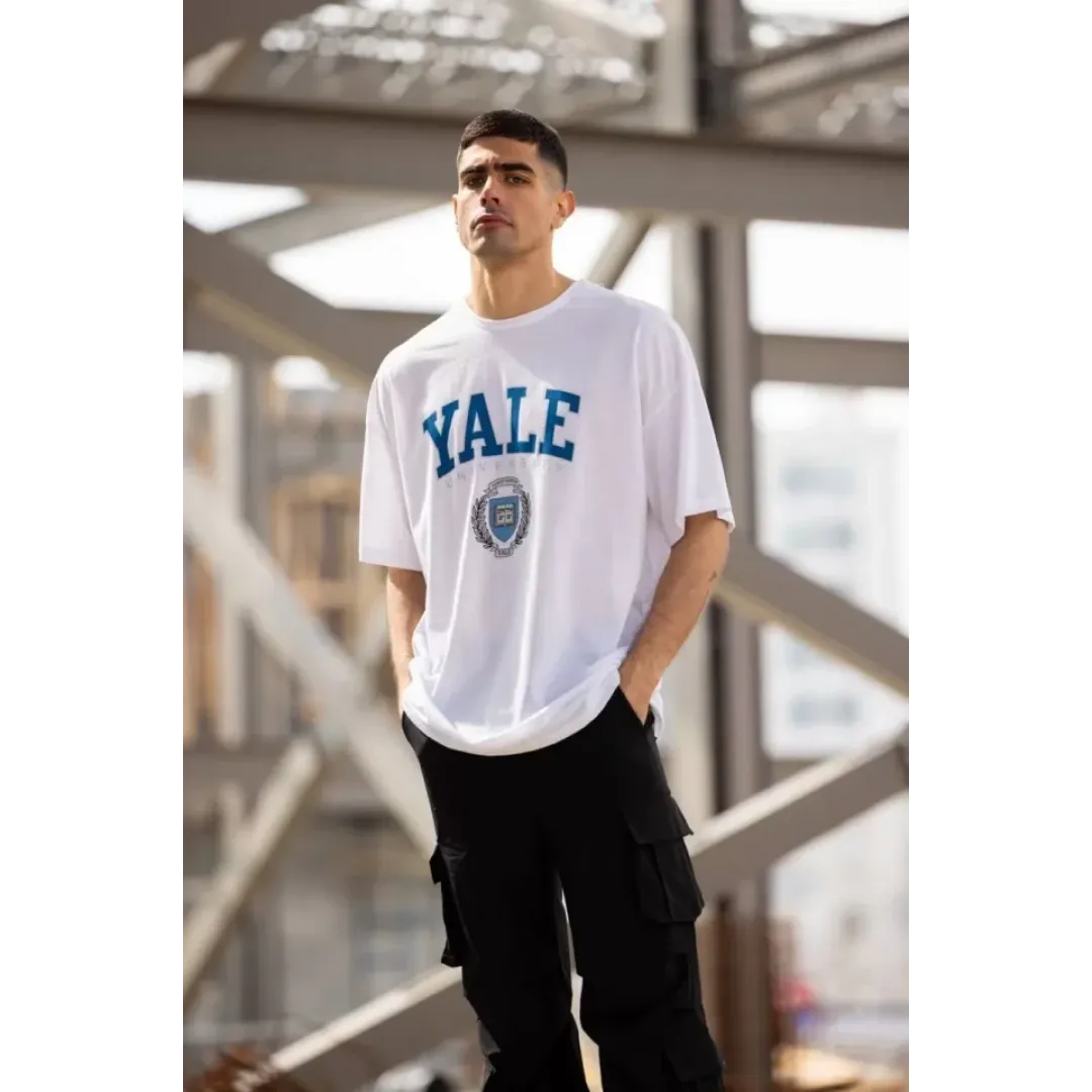 Unisex Bisiklet Yaka Baskılı Oversize T-Shirt - Beyaz - 117955