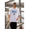 Unisex Bisiklet Yaka Baskılı Oversize T-Shirt - Beyaz - 117955