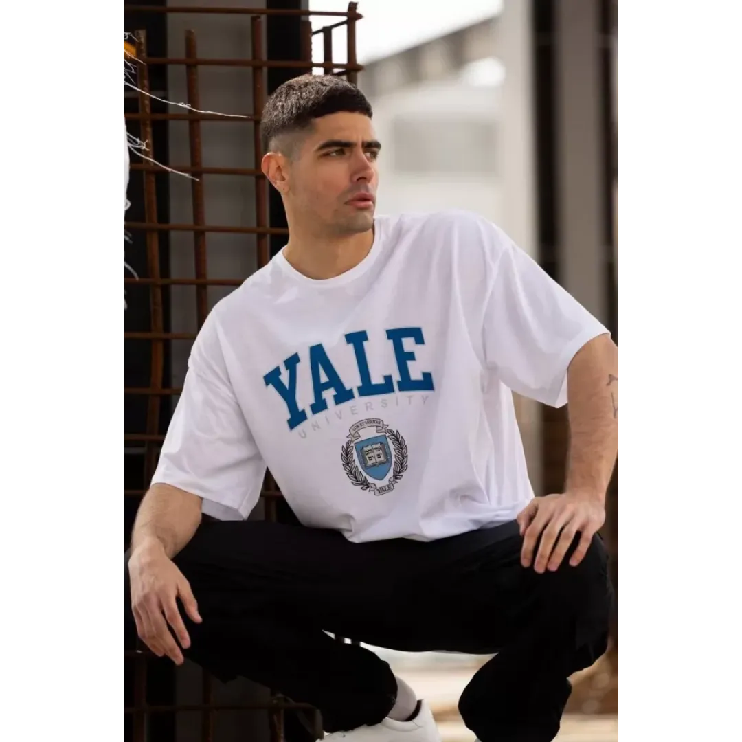 Unisex Bisiklet Yaka Baskılı Oversize T-Shirt - Beyaz - 117955