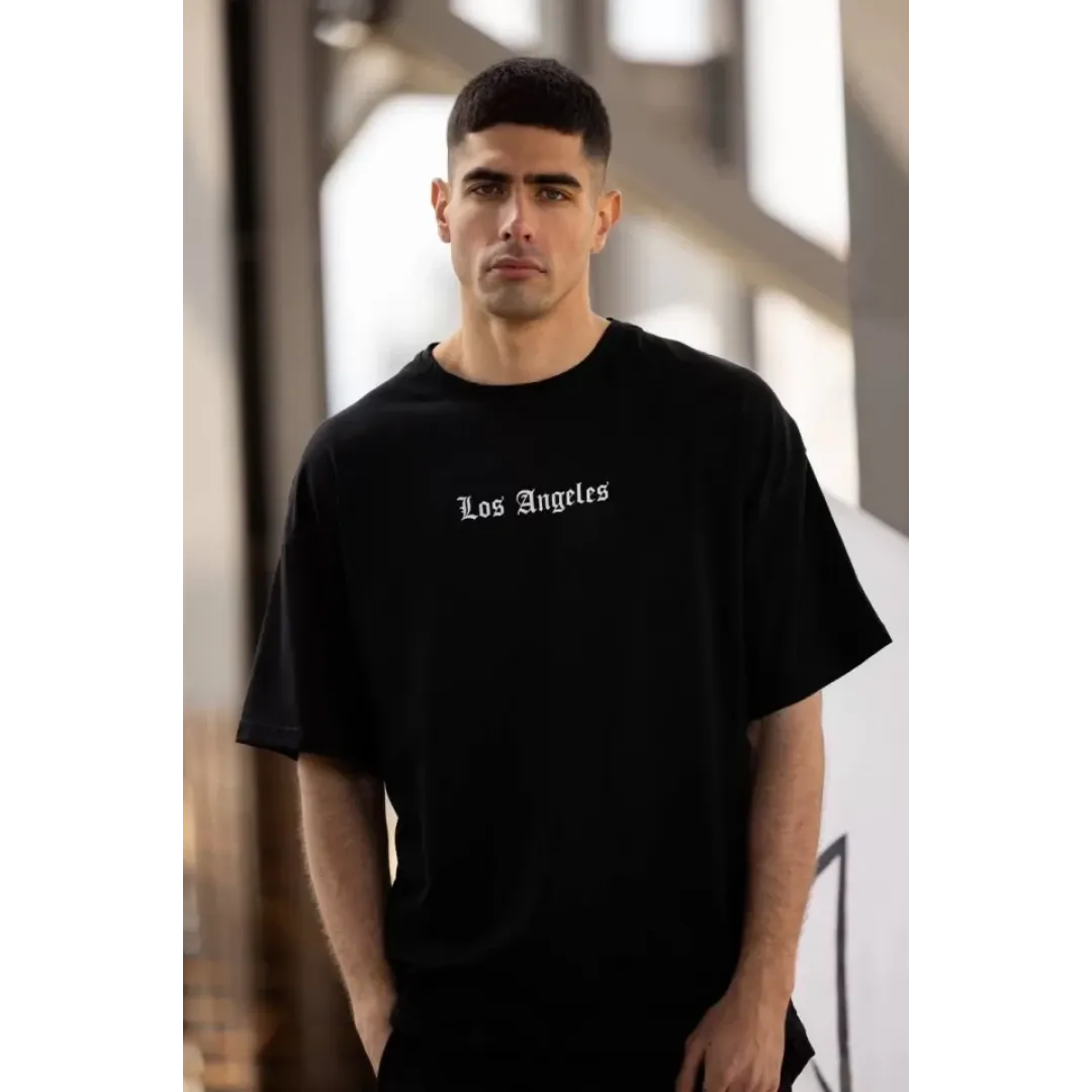 Unisex Bisiklet Yaka Baskılı Oversize T-Shirt - Siyah - 117956