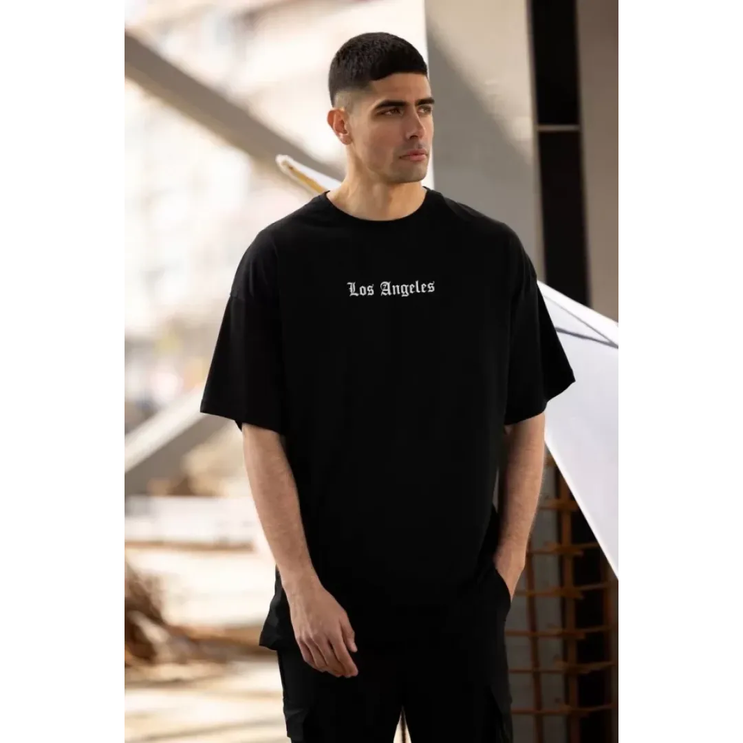 Unisex Bisiklet Yaka Baskılı Oversize T-Shirt - Siyah - 117956