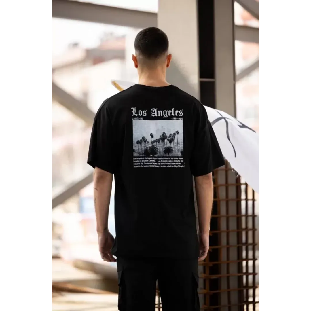 Unisex Bisiklet Yaka Baskılı Oversize T-Shirt - Siyah - 117956