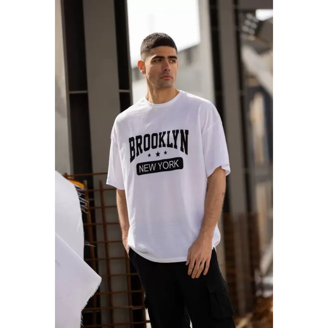 Unisex Bisiklet Yaka Baskılı Oversize T-Shirt - Beyaz - 117957 Unisex Bisiklet Yaka Baskılı Oversize T-Shirt - Beyaz - 117957