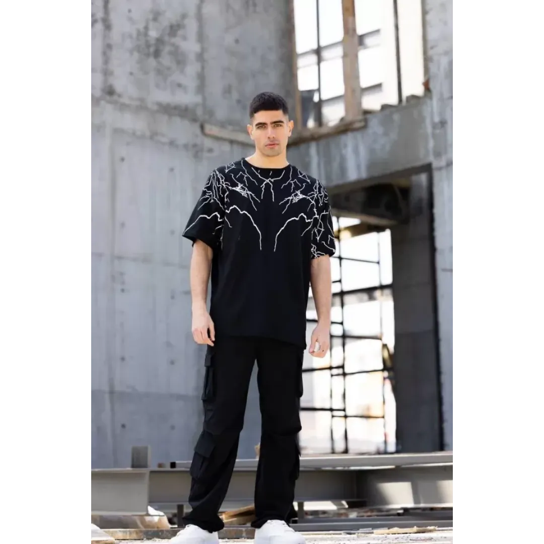Unisex Bisiklet Yaka Baskılı Oversize T-Shirt - Siyah - 117958 Unisex Bisiklet Yaka Baskılı Oversize T-Shirt - Siyah - 117958