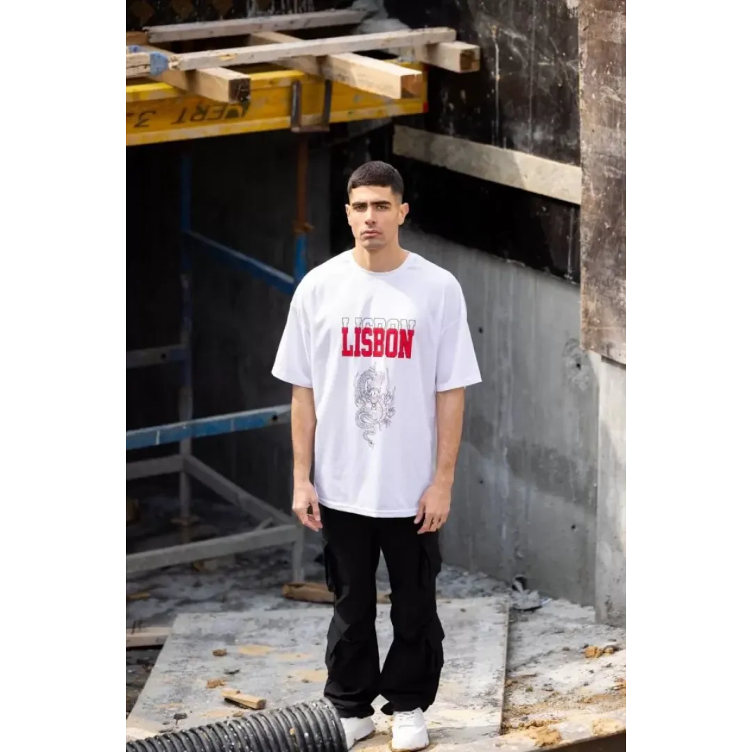 Unisex Bisiklet Yaka Baskılı Oversize T-Shirt - Beyaz - 117960 Unisex Bisiklet Yaka Baskılı Oversize T-Shirt - Beyaz - 117960