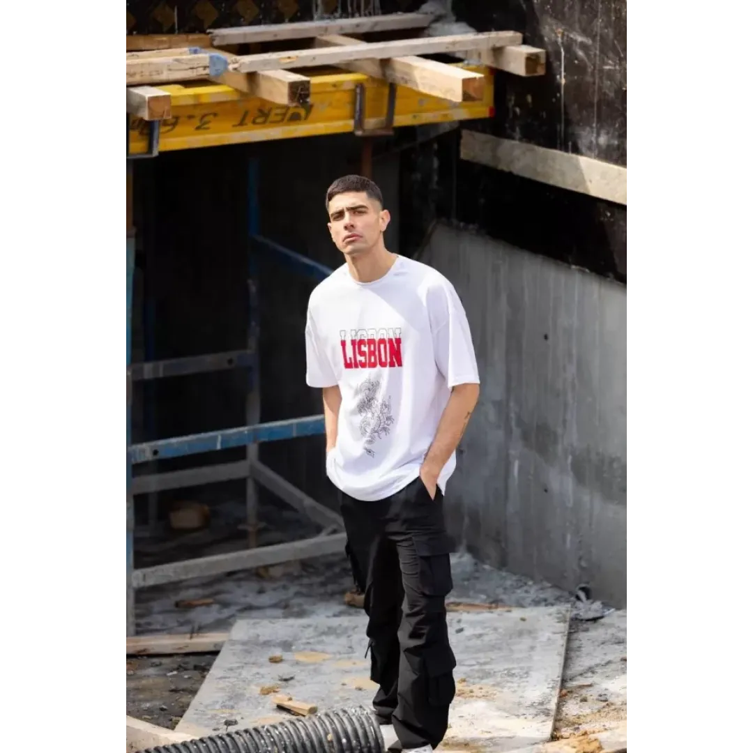 Unisex Bisiklet Yaka Baskılı Oversize T-Shirt - Beyaz - 117960 Unisex Bisiklet Yaka Baskılı Oversize T-Shirt - Beyaz - 117960
