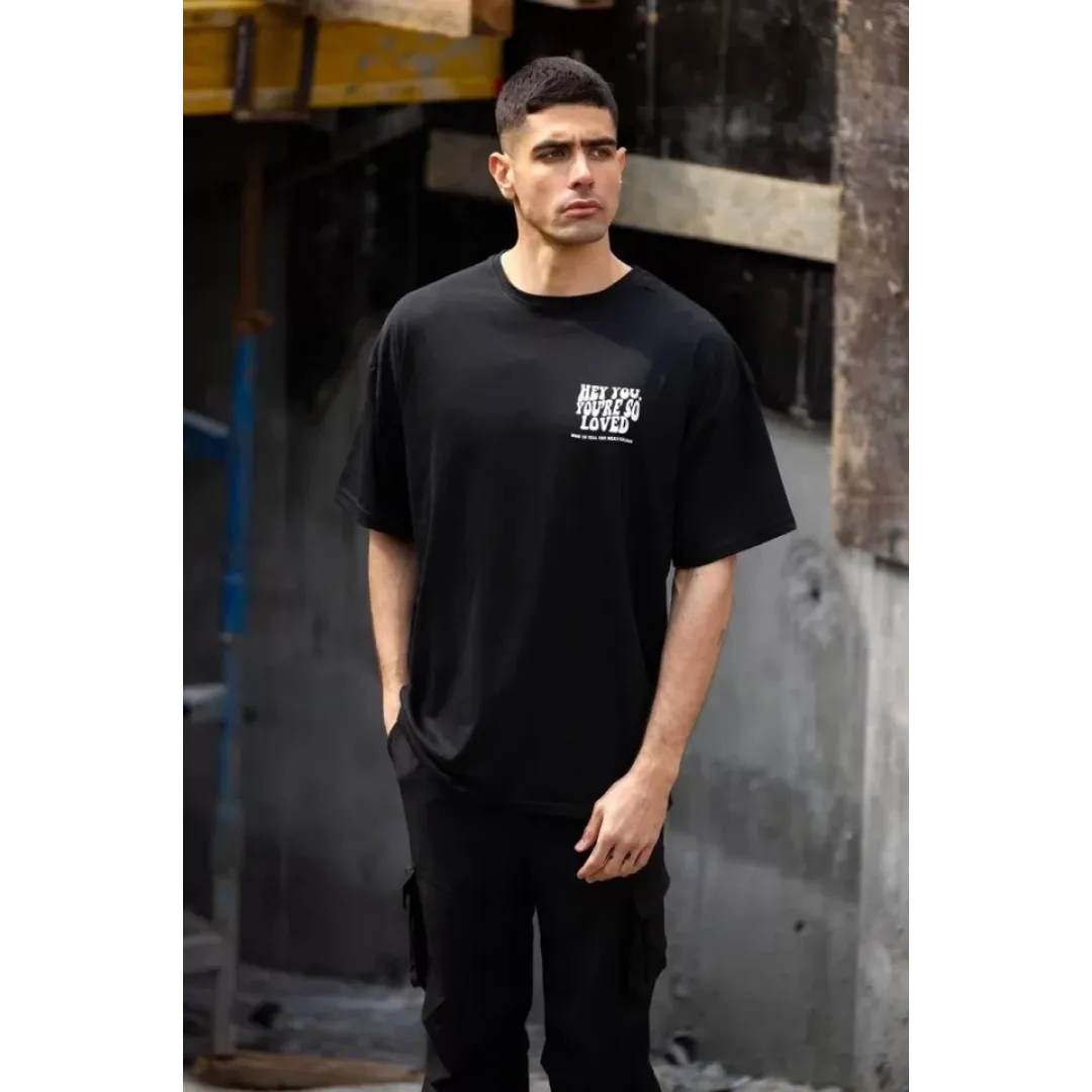 Unisex Bisiklet Yaka Baskılı Oversize T-Shirt - Siyah - 117961 Unisex Bisiklet Yaka Baskılı Oversize T-Shirt - Siyah - 117961