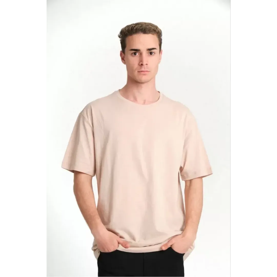 Unisex Düz Biskilet Yaka Oversize T-shirt - Bej - 118801 Unisex Düz Biskilet Yaka Oversize T-shirt - Bej - 118801