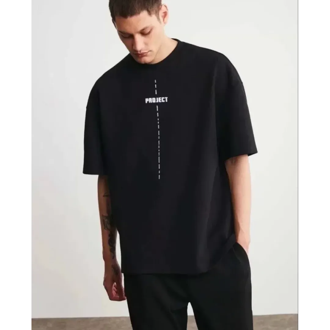 Unisex Bisiklet Yaka Baskılı Oversize T-Shirt - Siyah - 118876
