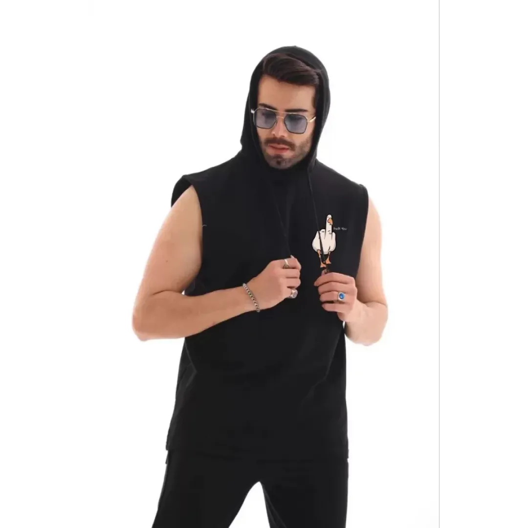 Unisex Kapşonlu Kolsuz Oversize Baskılı Tişört - Siyah - 119202 Unisex Kapşonlu Kolsuz Oversize Baskılı Tişört - Siyah - 119202