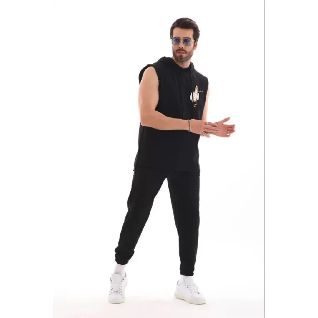 Unisex Kapşonlu Kolsuz Oversize Baskılı Tişört - Siyah - 119202 Unisex Kapşonlu Kolsuz Oversize Baskılı Tişört - Siyah - 119202