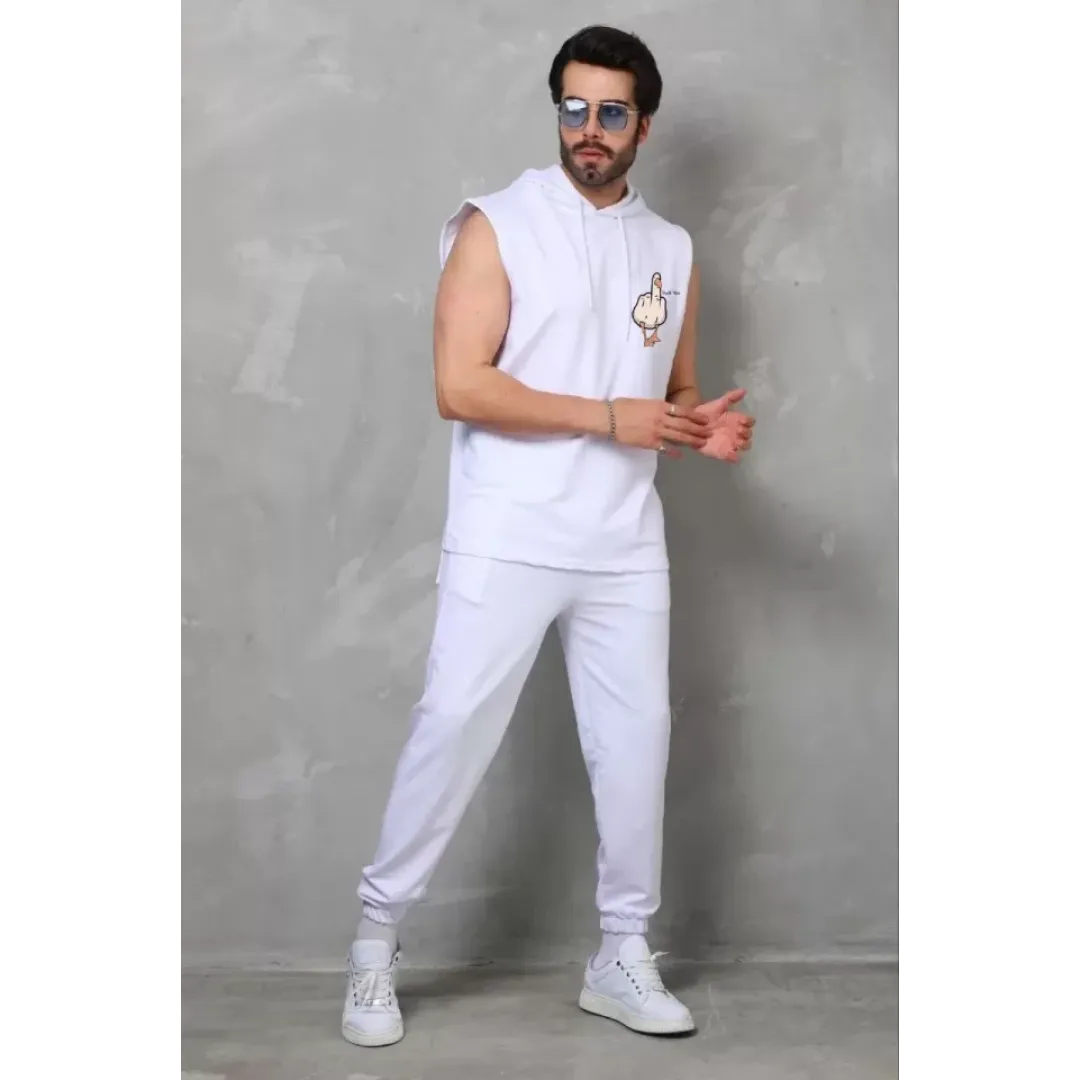 Unisex Kapşonlu Kolsuz Oversize Baskılı Tişört - Beyaz - 119203 Unisex Kapşonlu Kolsuz Oversize Baskılı Tişört - Beyaz - 119203