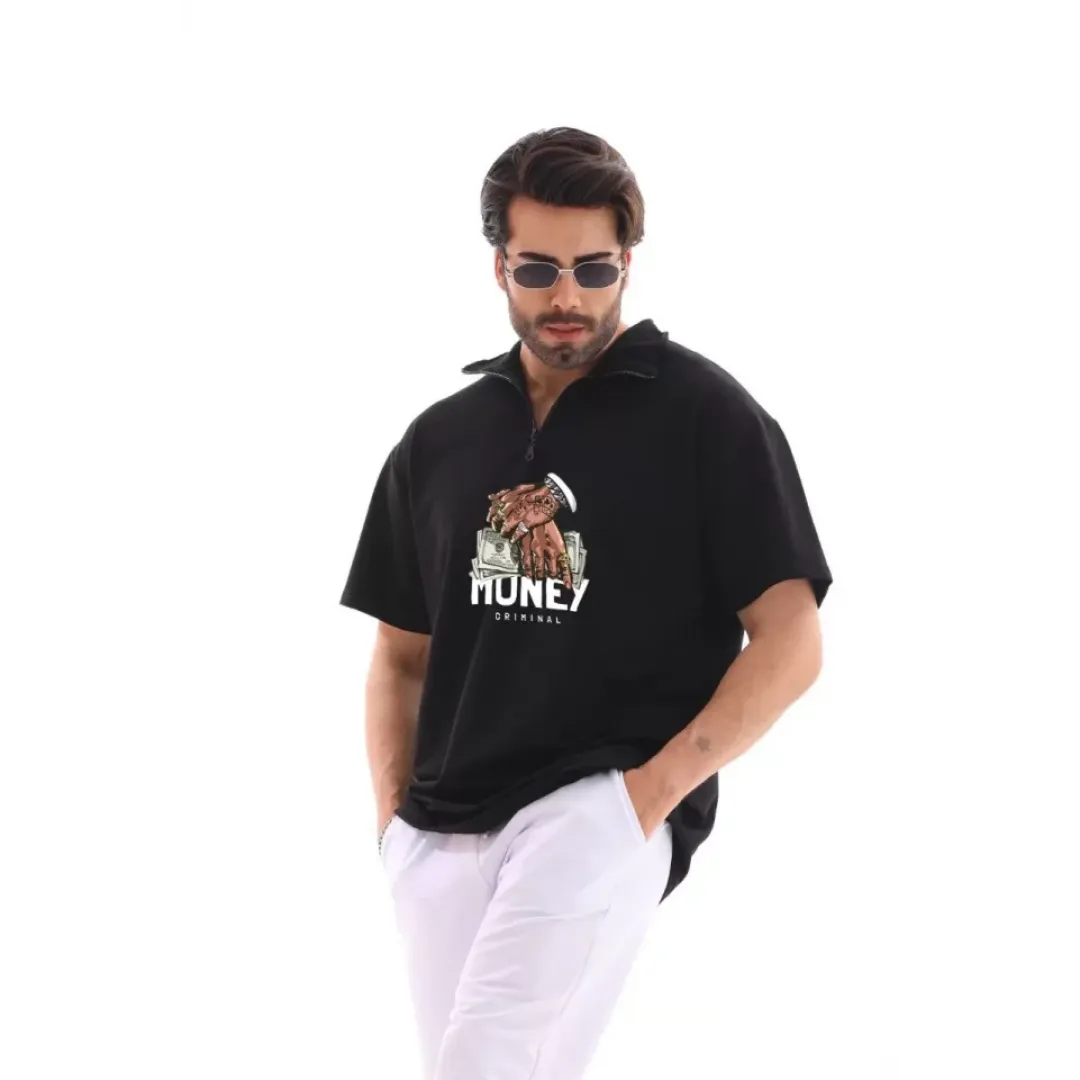 Unisex Yarım Fermuarlı Oversize Baskılı T-Shirt - Siyah - 119660 Unisex Yarım Fermuarlı Oversize Baskılı T-Shirt - Siyah - 119660