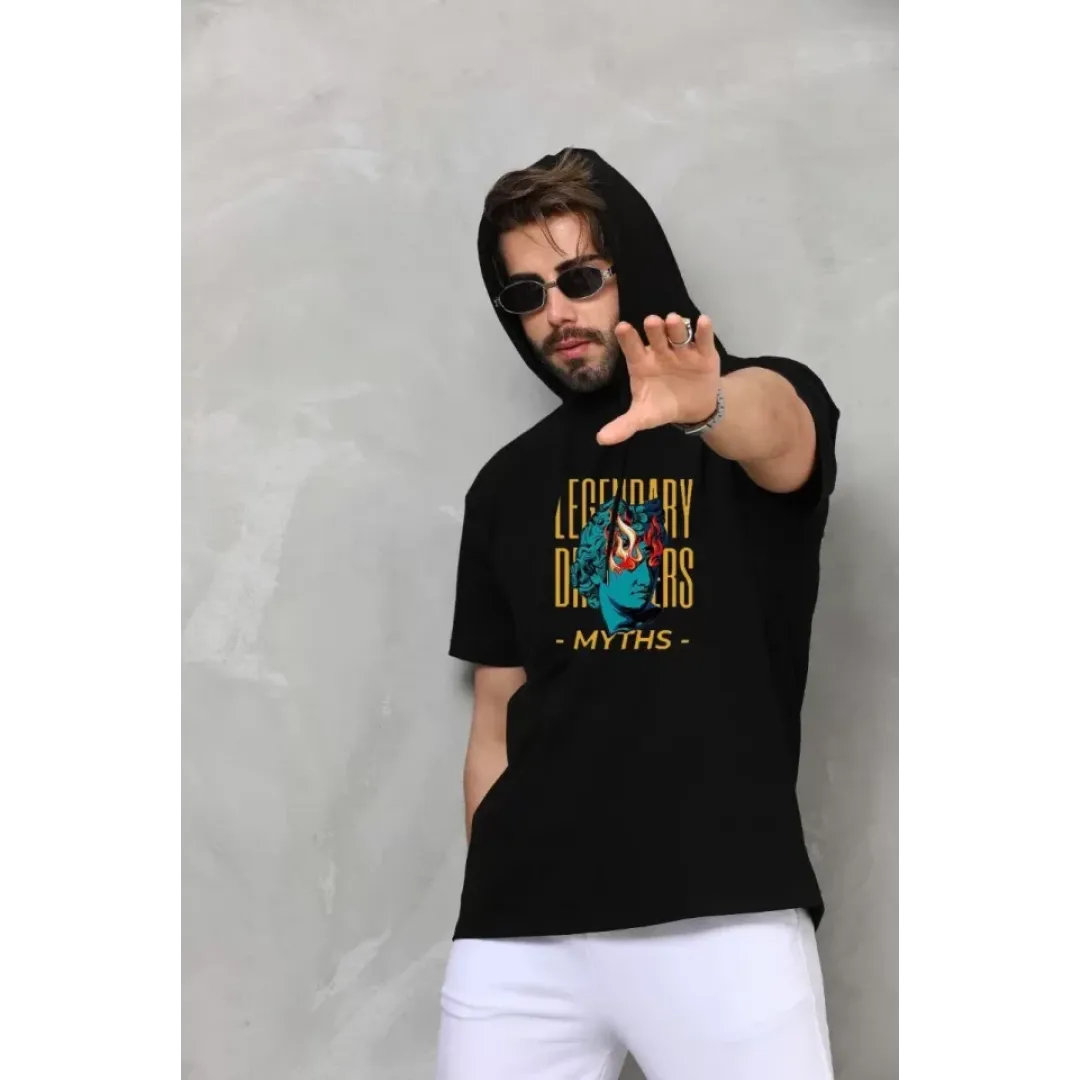 Unisex Kapşonlu Kolsuz Oversize Baskılı Tişört - Siyah - 121511 Unisex Kapşonlu Kolsuz Oversize Baskılı Tişört - Siyah - 121511