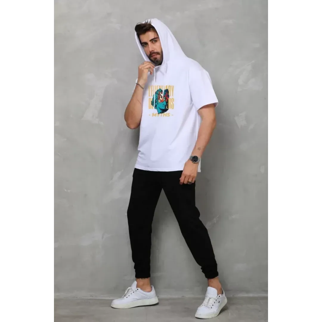 Unisex Kapşonlu Kolsuz Oversize Baskılı Tişört - Beyaz - 121512 Unisex Kapşonlu Kolsuz Oversize Baskılı Tişört - Beyaz - 121512