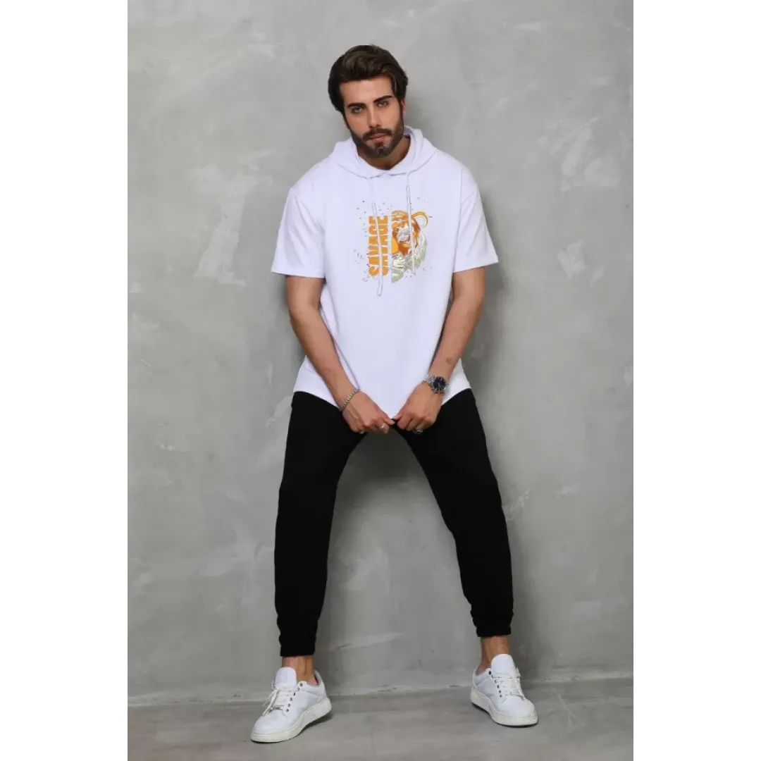 Unisex Kapşonlu Kısa Kol Oversize Baskılı T-Shirt - Beyaz - 121514 Unisex Kapşonlu Kısa Kol Oversize Baskılı T-Shirt - Beyaz - 121514